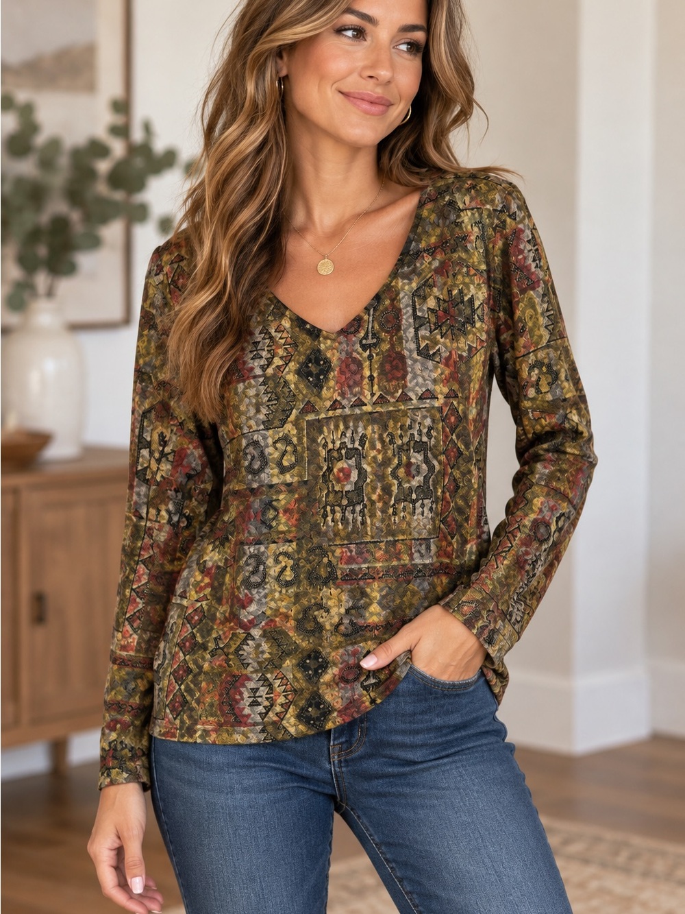 Coldwater Creek L Abstract Southwestern Boho V Neck Long Sleeve Top Y2K